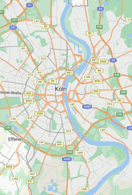 Stra&szlig;enkarte von K&ouml;ln und dem s&uuml;dwestlichen Umland